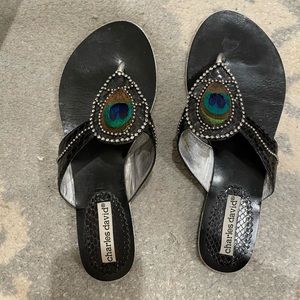 Charles David Flat Sandals with peacock and beading detail